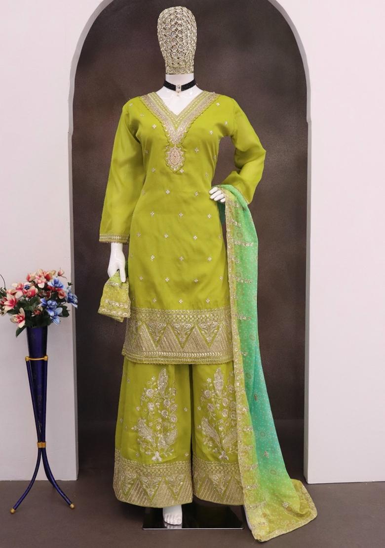 Olive Embroidered Silk Blend Kurta Set - Indya