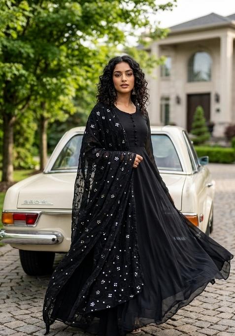 Black Embroidered Silk Blend Kurta Set