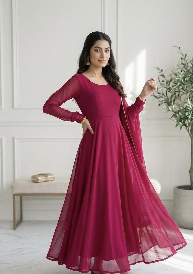 Pink Embroidered Silk Blend Kurta With Dupatta - Indya