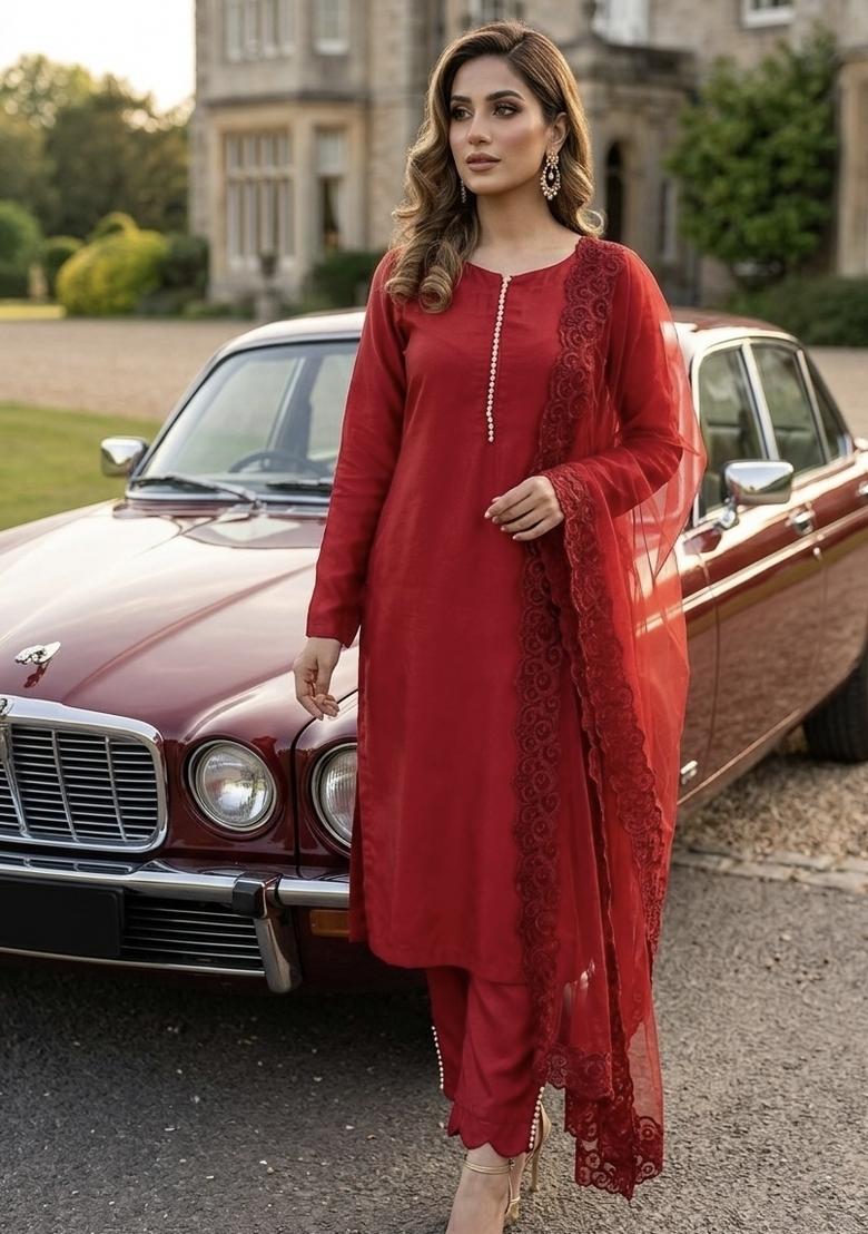 Red Embroidered Silk Blend Kurta Set - Indya