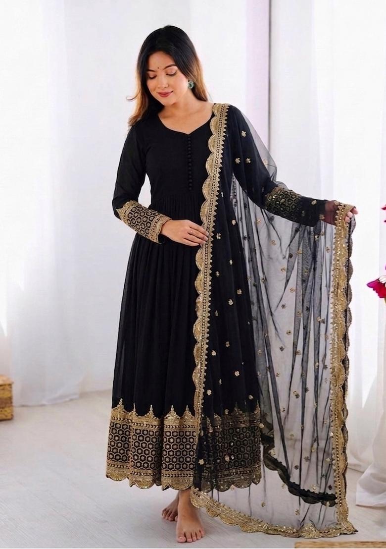 Black Embroidered Silk Blend Kurta With Dupatta - Indya