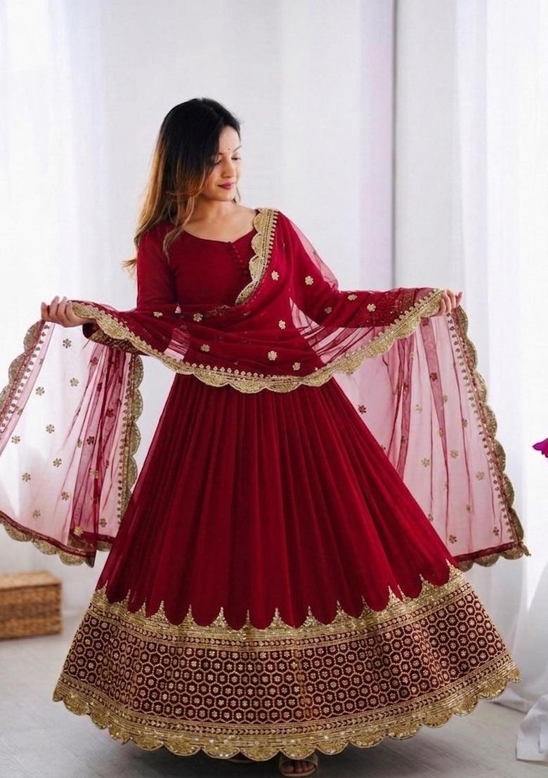 Maroon Embroidered Silk Blend Kurta With Dupatta - Indya
