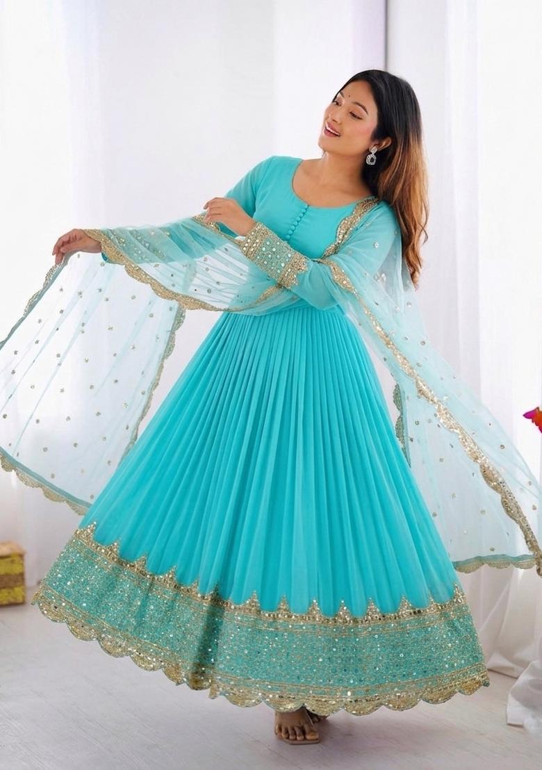 Sky Blue Embroidered Silk Blend Kurta With Dupatta - Indya