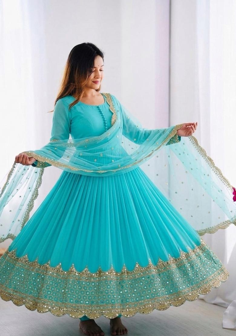 Sky Blue Embroidered Silk Blend Kurta With Dupatta - Indya