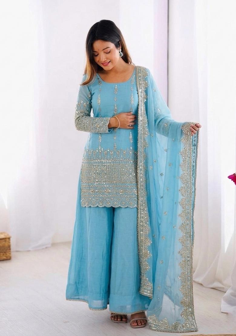 Sky Blue Embroidered Silk Blend Kurta Set - Indya