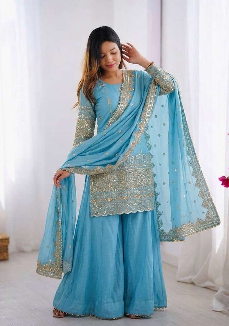 Sky Blue Embroidered Silk Blend Kurta Set - Indya