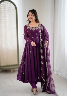 Wine Embroidered Silk Blend Kurta Set