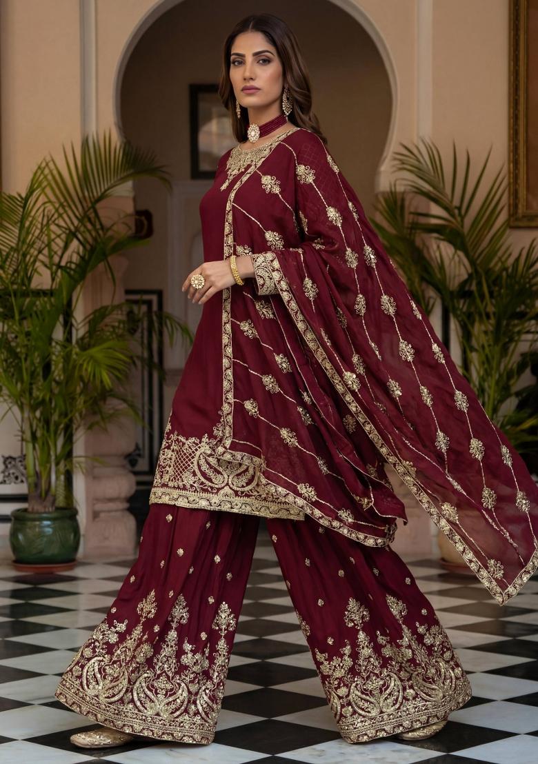Maroon Embroidered Silk Blend Kurta Set - Indya