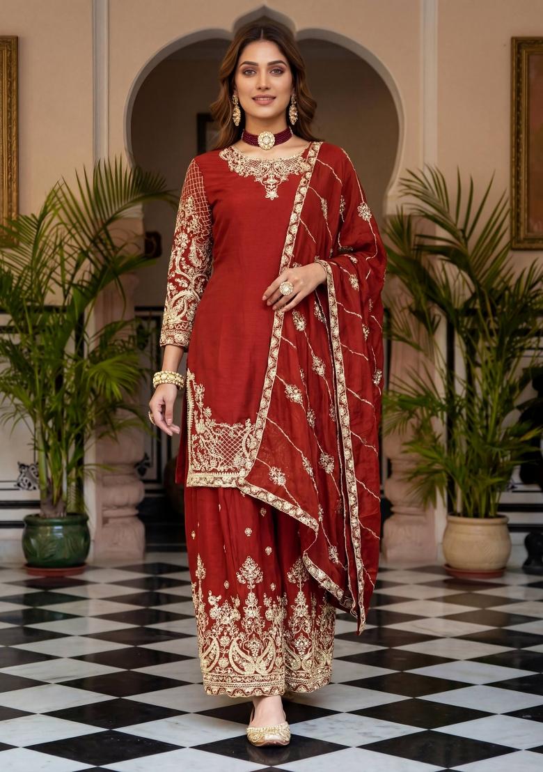 Orange Embroidered Silk Blend Kurta Set - Indya