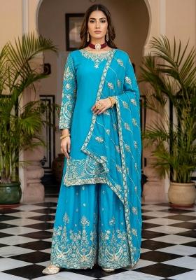 Sky Blue Embroidered Silk Blend Kurta Set