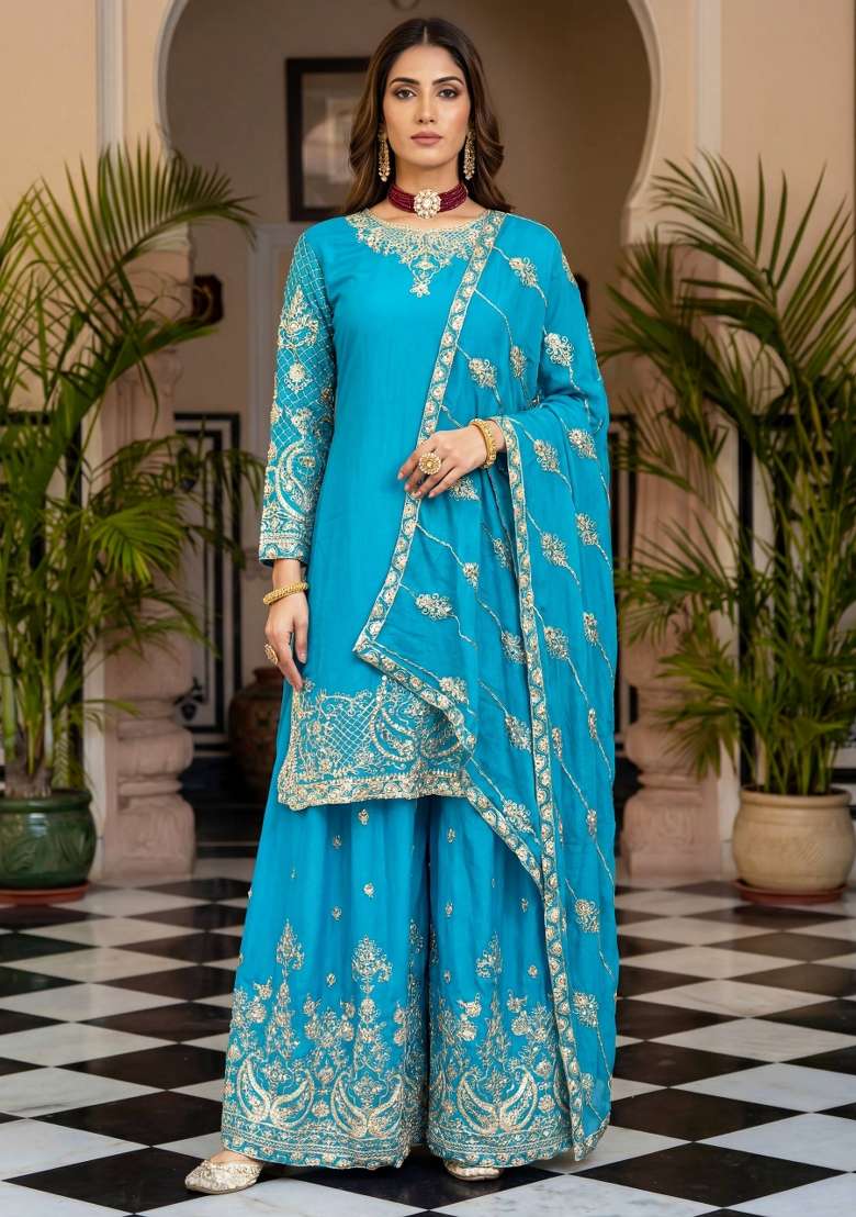Sky Blue Embroidered Silk Blend Kurta Set - Indya