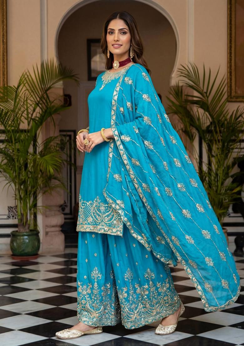 Sky Blue Embroidered Silk Blend Kurta Set - Indya