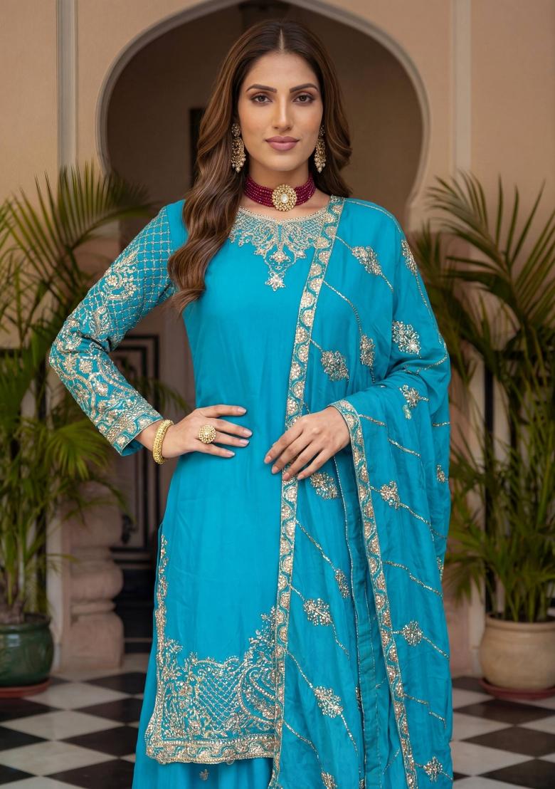 Sky Blue Embroidered Silk Blend Kurta Set - Indya