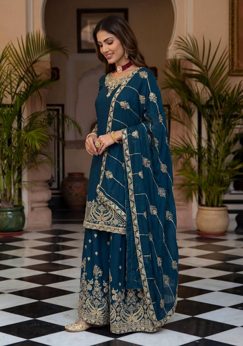 Teal Embroidered Silk Blend Kurta Set - Indya