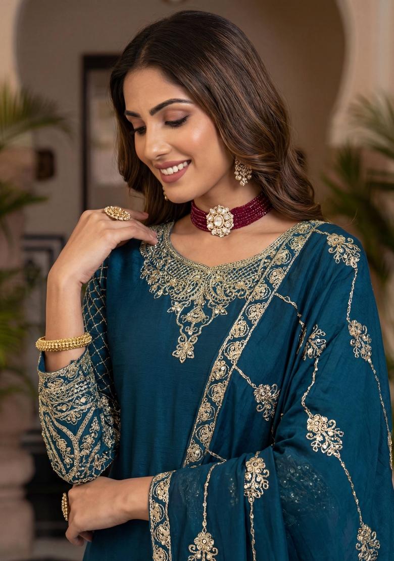 Teal Embroidered Silk Blend Kurta Set - Indya