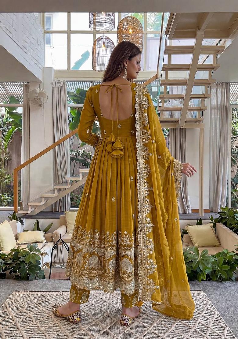 Yellow Embroidered Silk Blend Kurta Set - Indya