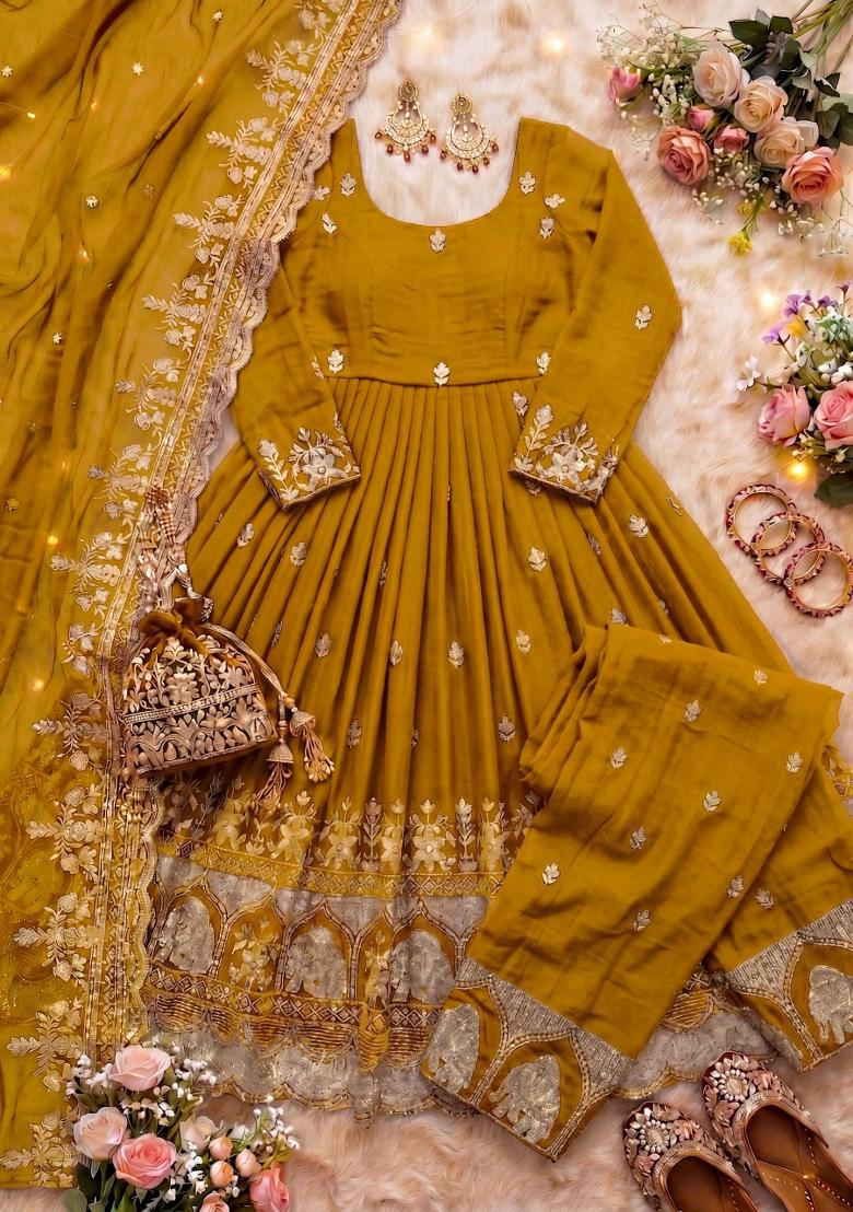 Yellow Embroidered Silk Blend Kurta Set - Indya