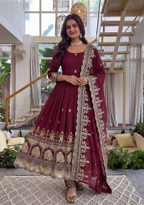 Maroon Embroidered Silk Blend Kurta Set