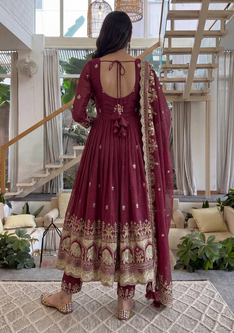 Maroon Embroidered Silk Blend Kurta Set - Indya