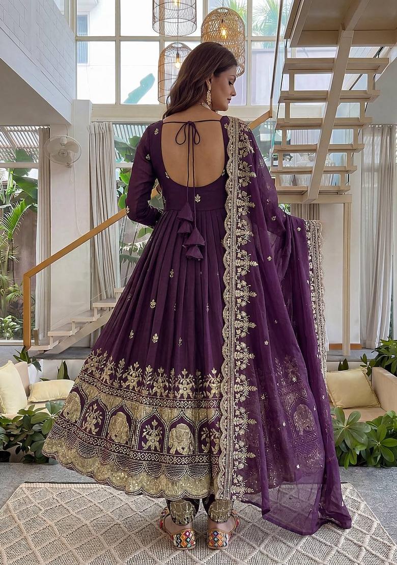 Purple Embroidered Silk Blend Kurta Set - Indya