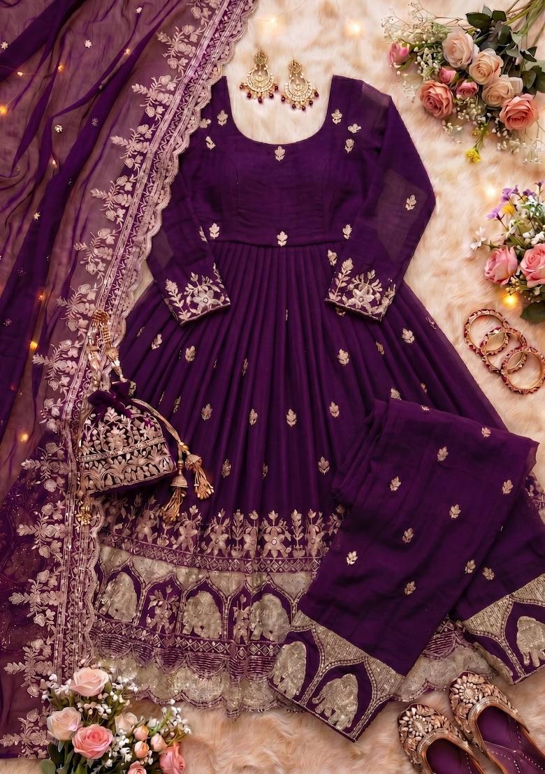 Purple Embroidered Silk Blend Kurta Set - Indya