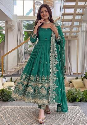 Teal Green Embroidered Silk Blend Kurta Set