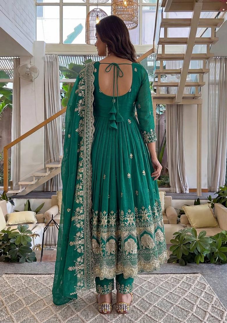 Teal Green Embroidered Silk Blend Kurta Set - Indya