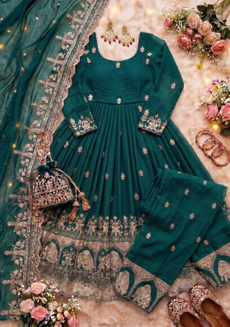 Teal Green Embroidered Silk Blend Kurta Set - Indya
