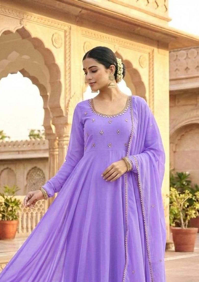 Lavender Mirror Work Georgette Kurta Set - Indya
