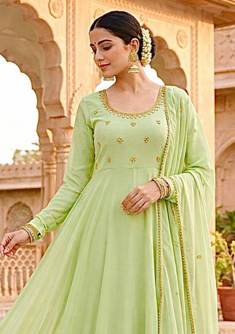 Light Green Mirror Work Georgette Kurta Set - Indya