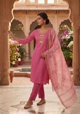 Pink Beads Work Chanderi Kurta Set