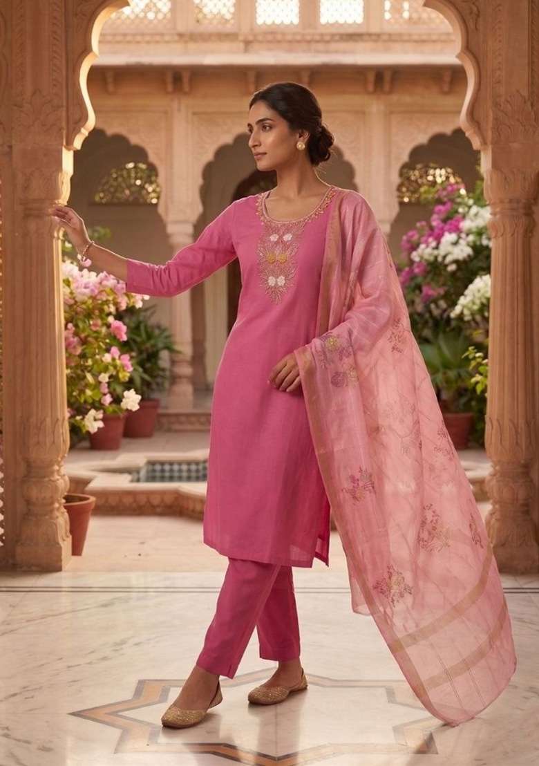 Pink Beads Work Chanderi Kurta Set - Indya
