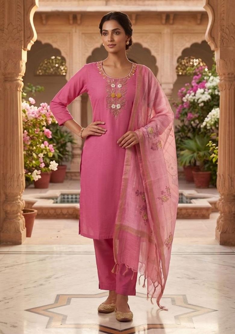Pink Beads Work Chanderi Kurta Set - Indya