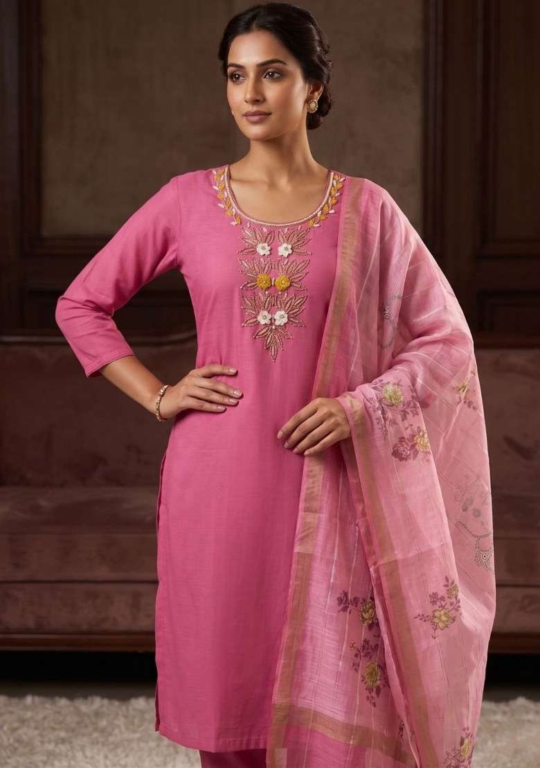 Pink Beads Work Chanderi Kurta Set - Indya