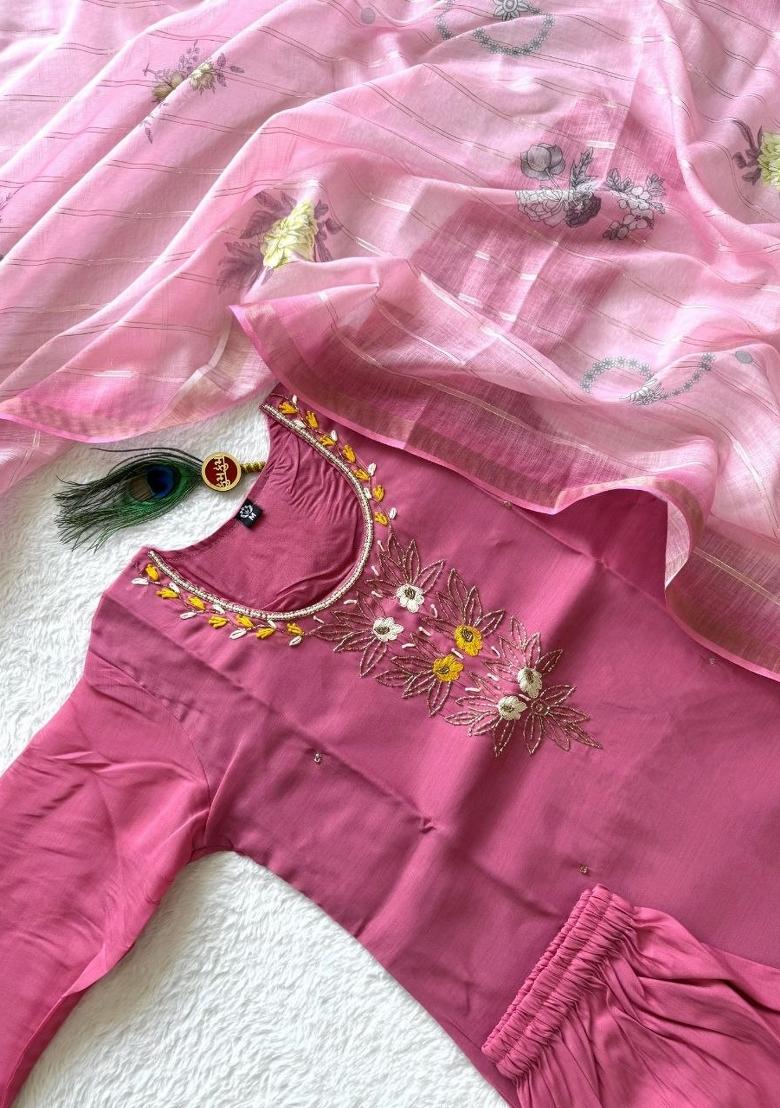 Pink Beads Work Chanderi Kurta Set - Indya