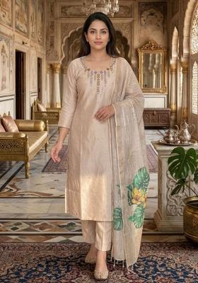 Beige Beads Work Chanderi Kurta Set