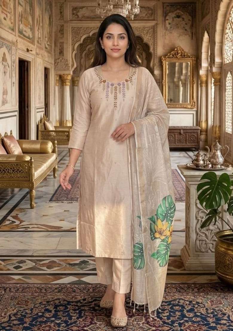 Beige Beads Work Chanderi Kurta Set - Indya