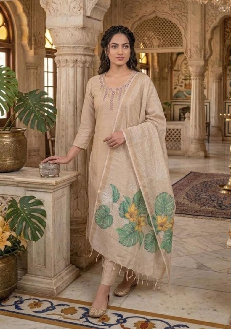 Beige Beads Work Chanderi Kurta Set - Indya