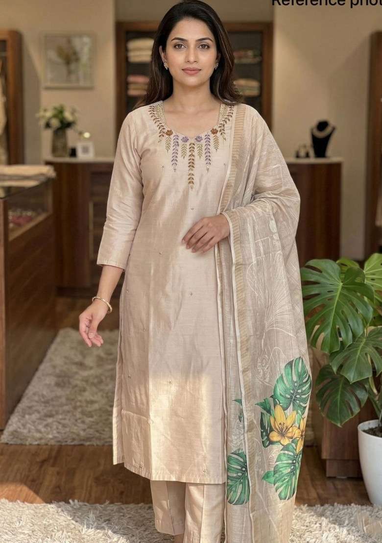 Beige Beads Work Chanderi Kurta Set - Indya