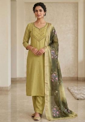 Green Beads Work Chanderi Kurta Set