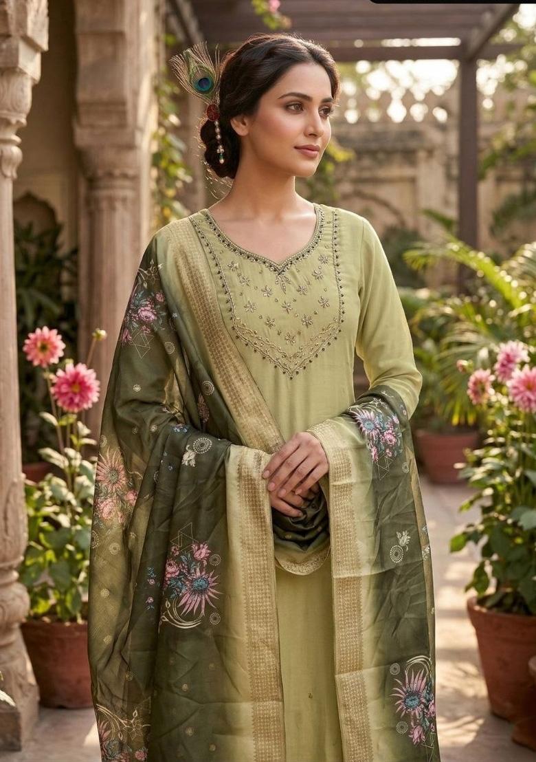 Green Beads Work Chanderi Kurta Set - Indya