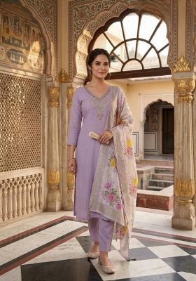 Lavender Beads Work Chanderi Kurta Set