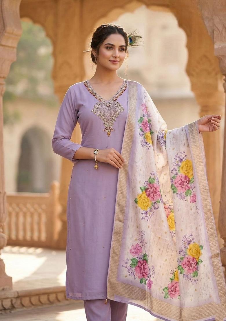 Lavender Beads Work Chanderi Kurta Set - Indya