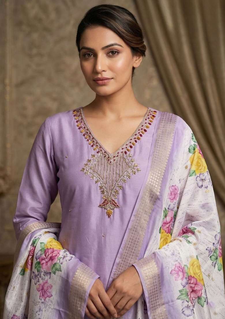 Lavender Beads Work Chanderi Kurta Set - Indya