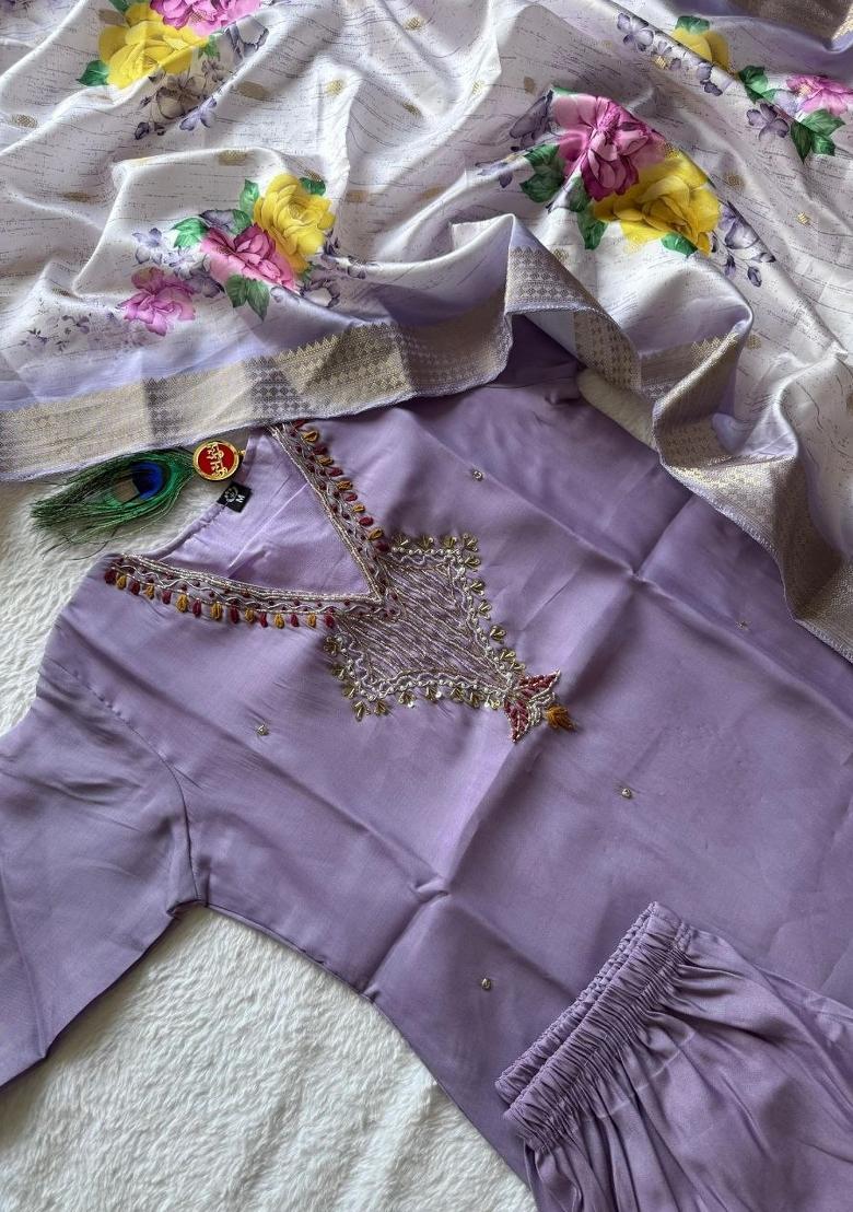 Lavender Beads Work Chanderi Kurta Set - Indya