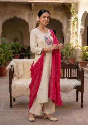 Cream Embroidered Cotton Kurta Set