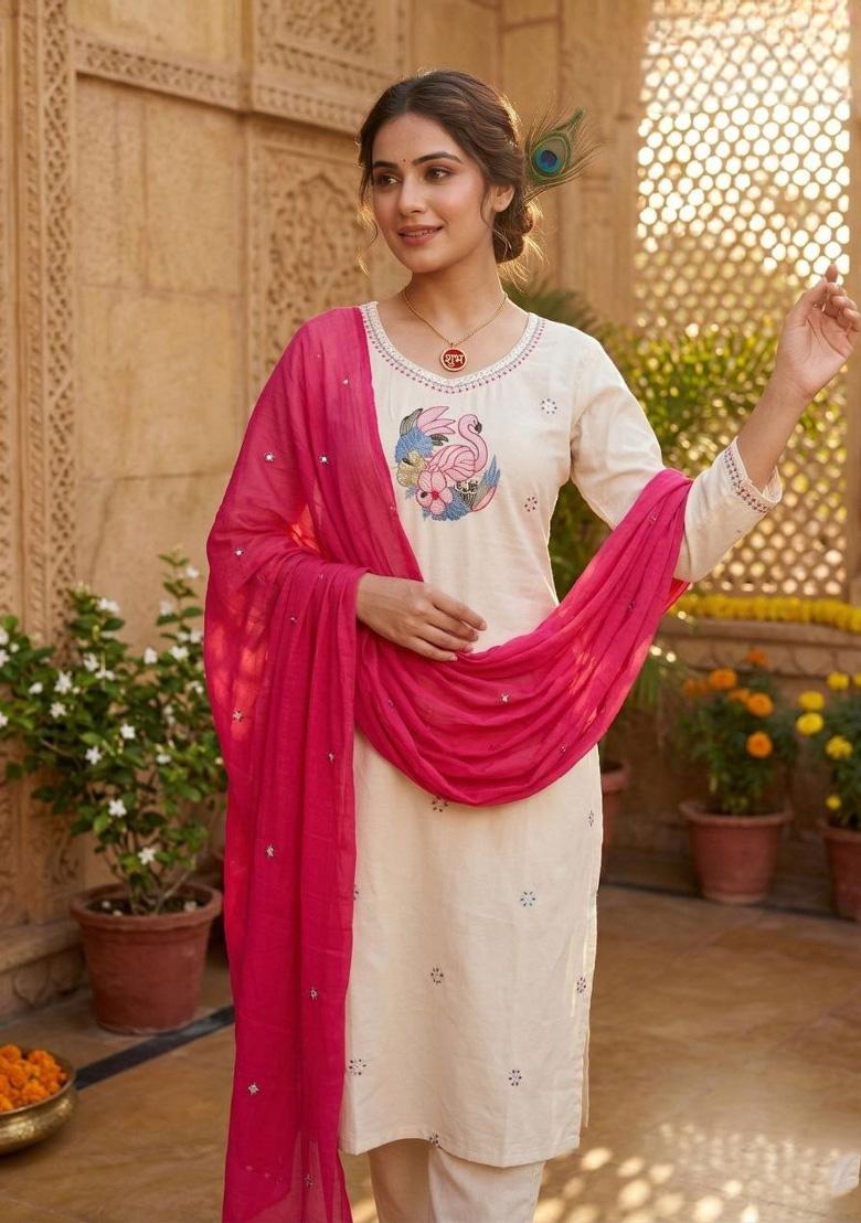 Cream Embroidered Cotton Kurta Set - Indya