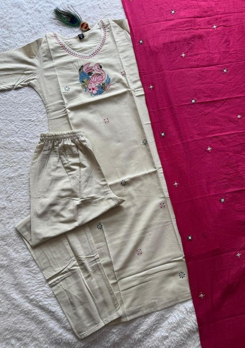 Cream Embroidered Cotton Kurta Set - Indya