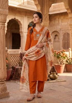 Orange Embroidered Silk Blend Kurta Set