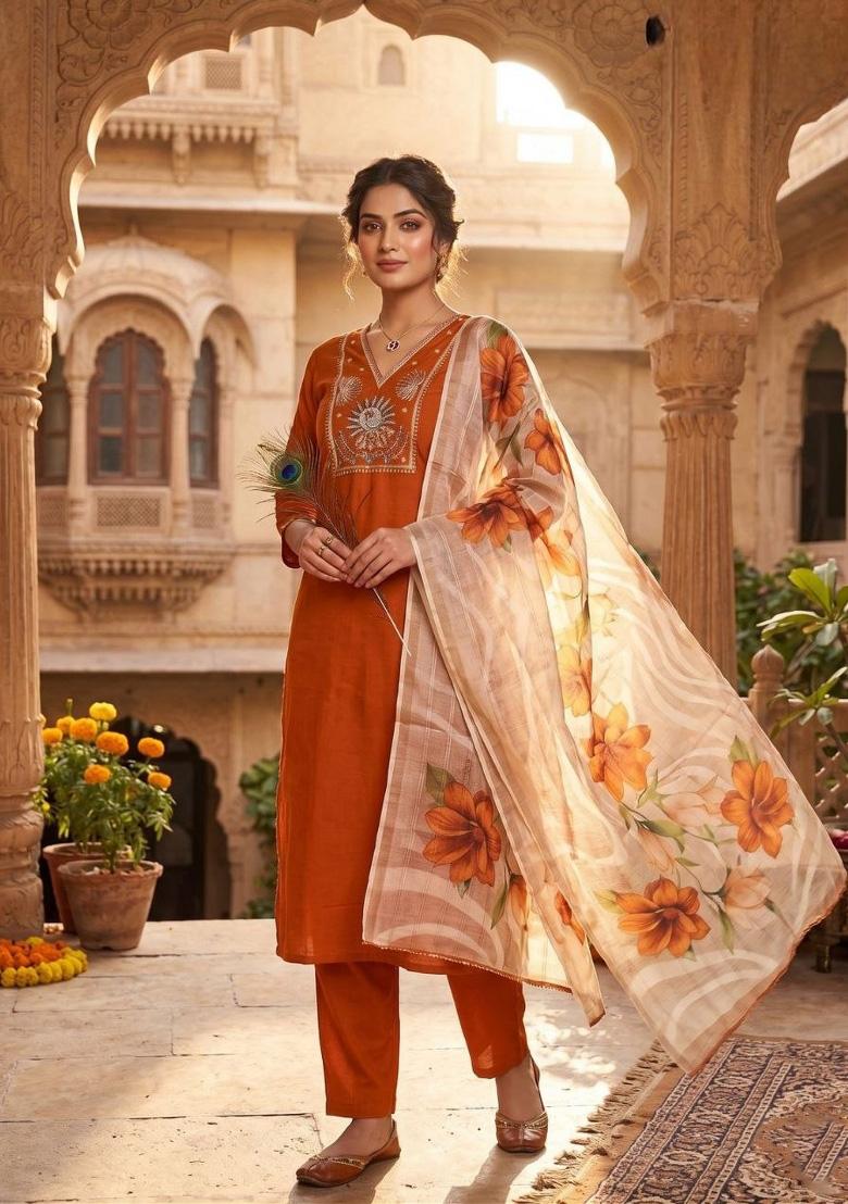 Orange Embroidered Silk Blend Kurta Set - Indya